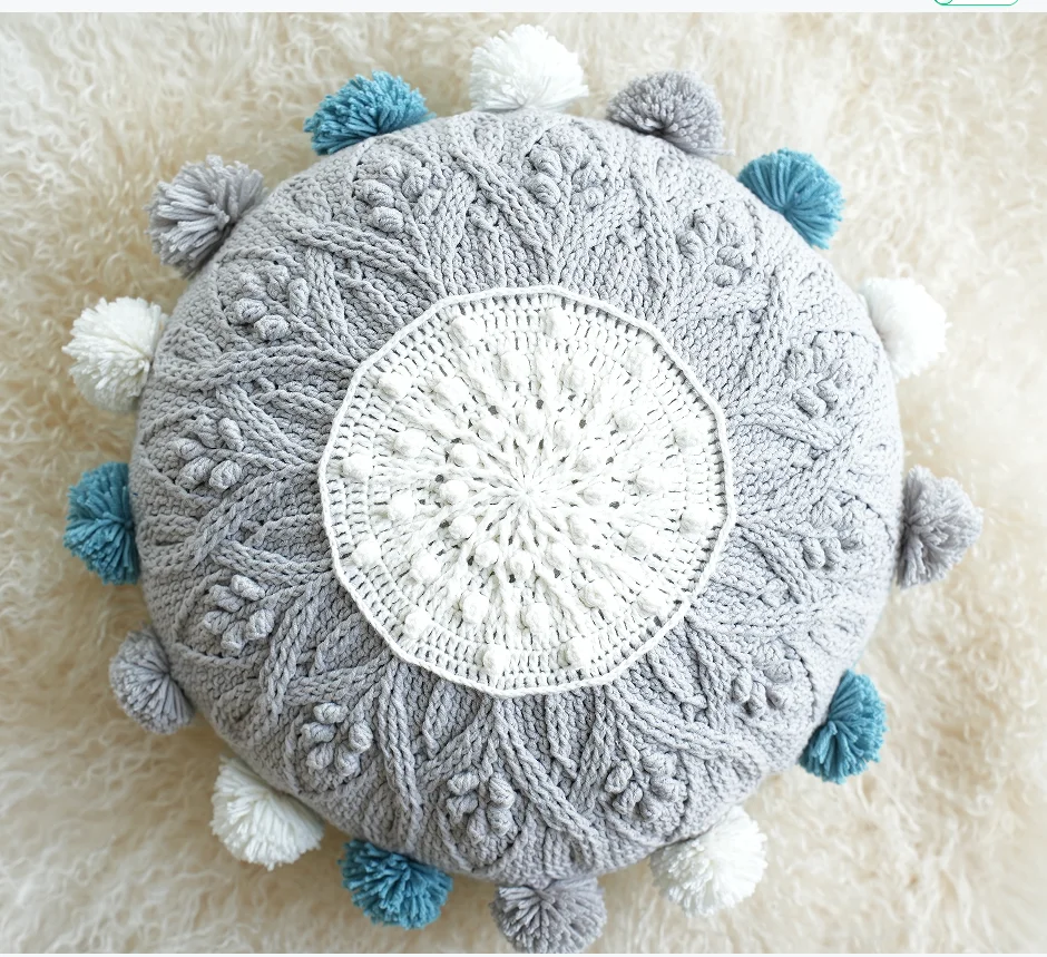 Knitted Throw Pillow Round Couch Pillow Sofa Cute Cushion Handmade Pompoms Decorative Plush Pillow