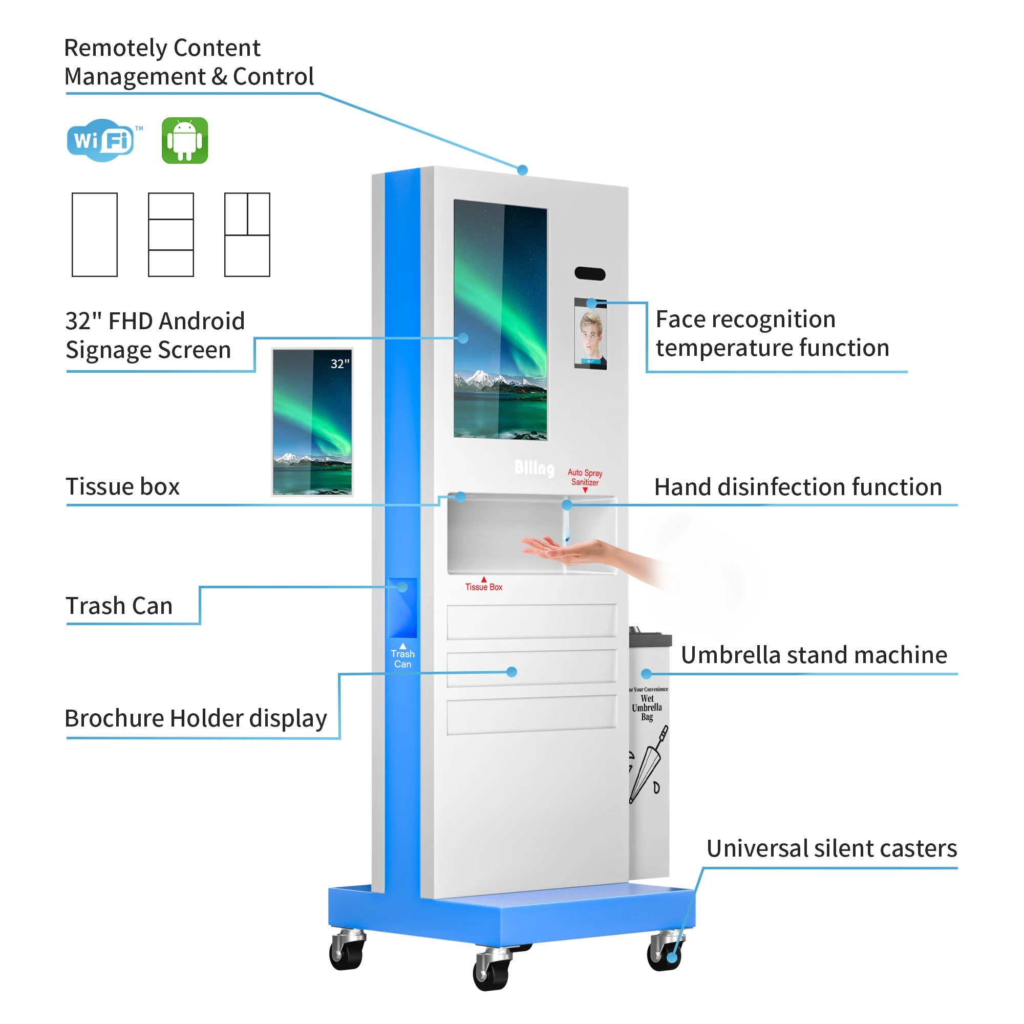 Shopping Mall 32 inch floor standing kiosk 1200 ml Hand Wash Dispenser Body Temperature Sensor LCD Screen Kiosk