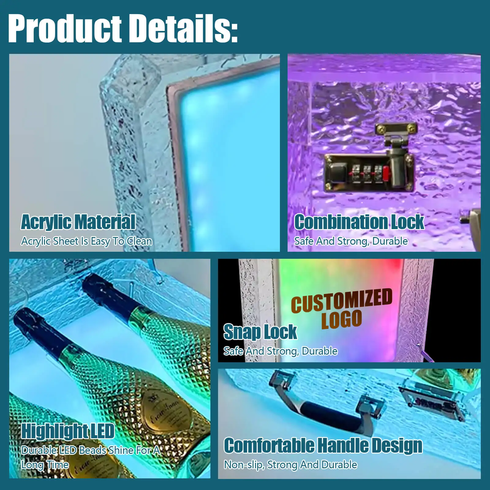 Custom Colorful Acrylic 3-Bottle Carry Case Durable Stylish Roller Bottle Display Champagne Parties Nightclubs LED Light Source