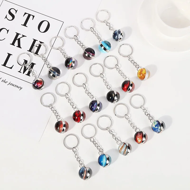 Sun Planet Moon & Galaxy Keychain Double-Sided round Glass Light Crystal Earth Keychain