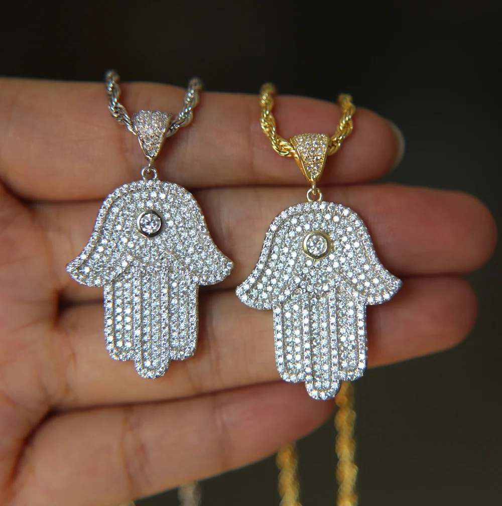 iced out bling hip hop men boy jewelry full cz paved hamsa hand men necklace