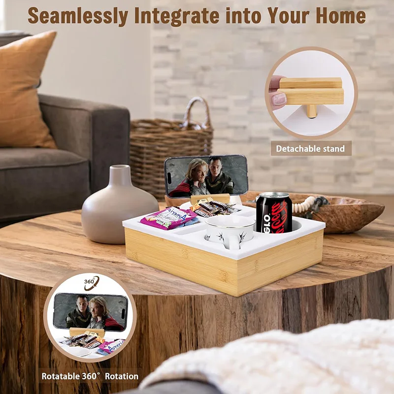 Tray Soft Silicone Bamboo Drink Holder for Sofa Bed Organizer with Snack Coffee Cup Mug Insert Holders