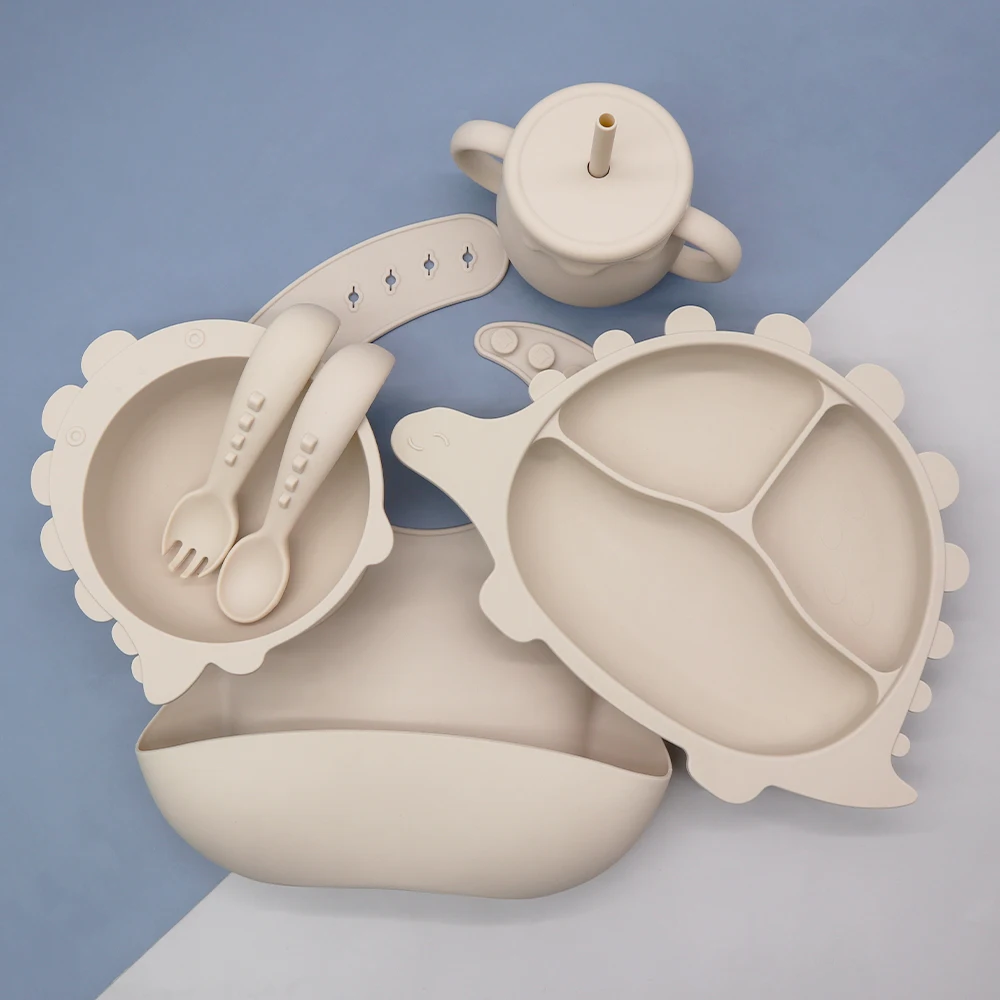 Factory OEM Dinosaur Cartoon Animal Suction Plate Bowl Silicone Children Feeding Set Baby Tableware Sets