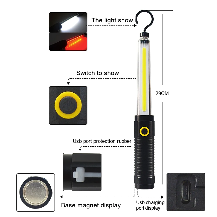 3 Modes LED Rechargeable USB Torch COB Flashlight with Detachable Magnetic Hook