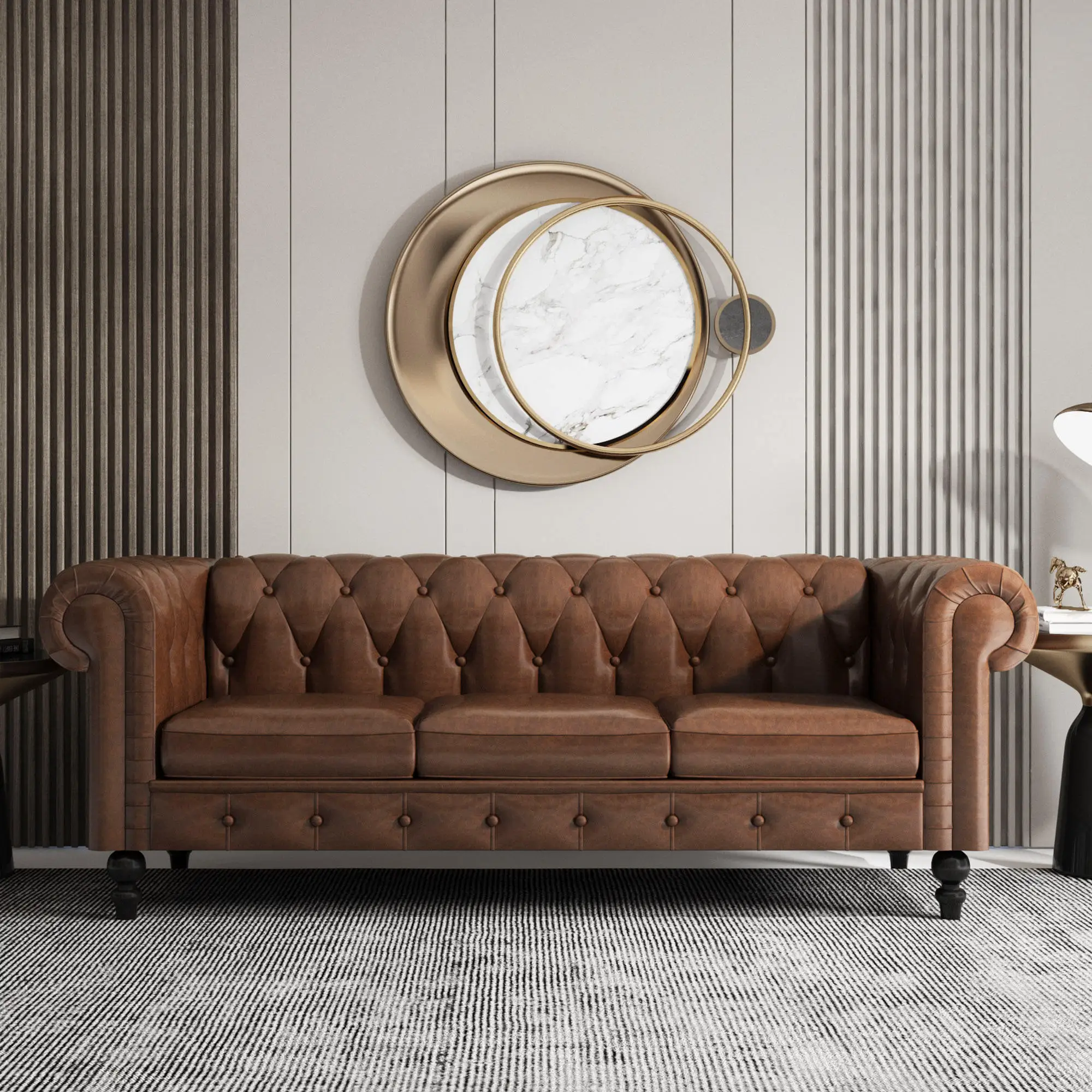America Vintage Style Chesterfield Sofa 3 Seater Loveseat Sofas Set Tan Leather Couch