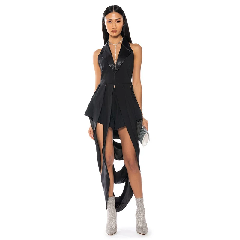 New Popular Sleeveless Satin Notch Collar Cascading Cut Out Backless Tie Modest Soft Blazer Ladies Women Halter Top For Daily