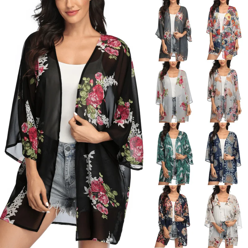 Women Plus Size Floral Chiffon Silk Cardigan Beachwear Coverup Kimono Stain Cardigan Ladies