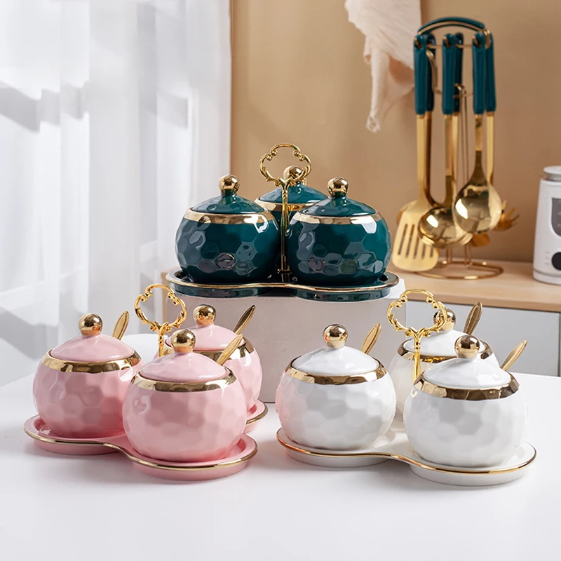 Creative ceramic Kitchen Storage conisters Porcelain Salt /Sugar / Spice / Pepper Spice Jars with tray