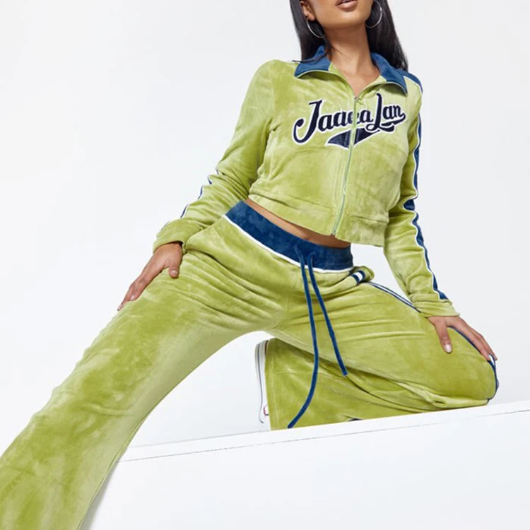 Hot Sale Embroidery Velour Tracksuit Two Piece Set Women Clothing Long Sleeves Zipper Sport Set