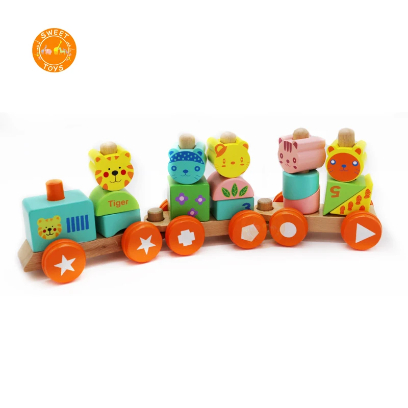 Wooden Block Set Toys Preschool  Educational Animal Train Toys for kids Wood Push&Pull Stacking Train Toy