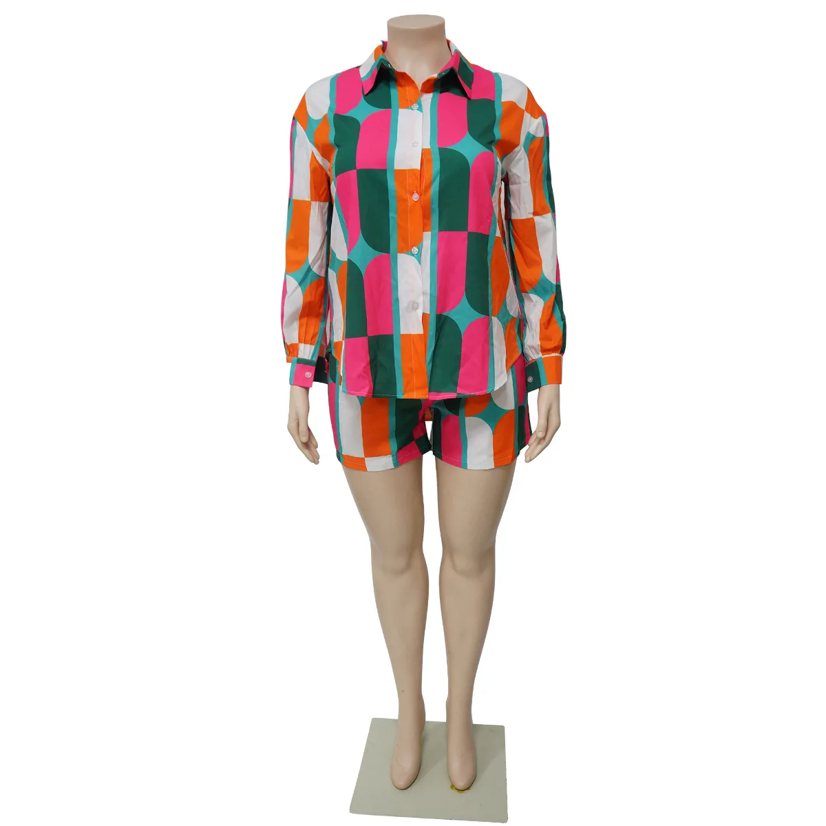 Fall Fashion Casual Geometric Pattern Printed Lapel Tropical Style Plus Size Shirt Shorts Casual Women