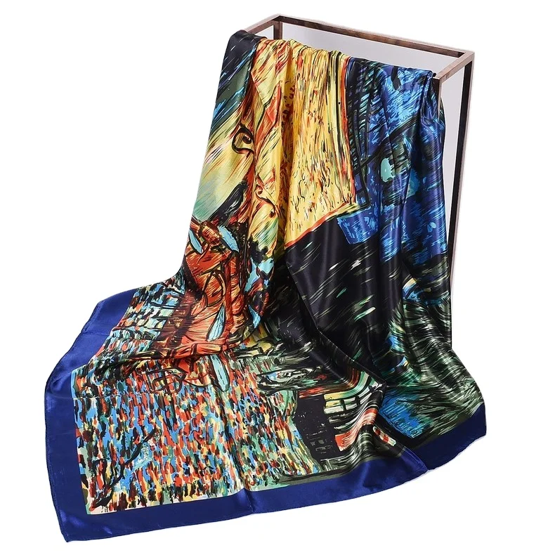 Van Gogh Art Oil Painting  luxury starry night satin silk scarf for woman Daily outdoor wear 90*90cm hijab wholesale