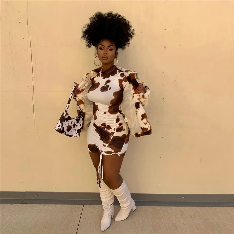 Хит продаж 2021, женские мини-платья с коротким рукавом и принтом коровы и животных