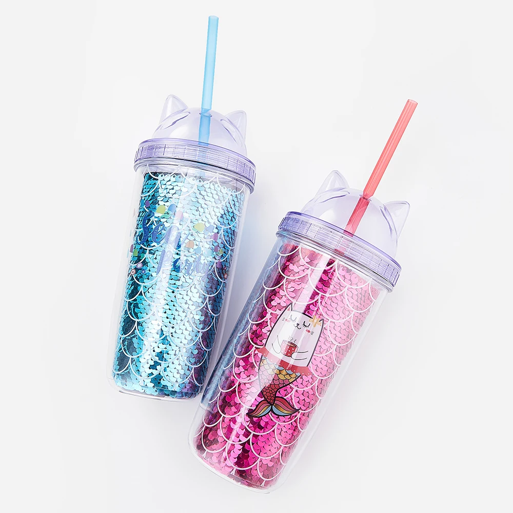 
Wholesale products custom clear reusable drinking double wall glitter cat ear plastic drinking cup with straw 