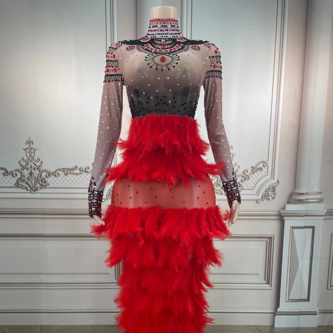 AD1447 Kimshein Women Fancy Long Sleeve Split Mesh Fabric Red Feathers Crystal Dress Party Evening Performance Clothing