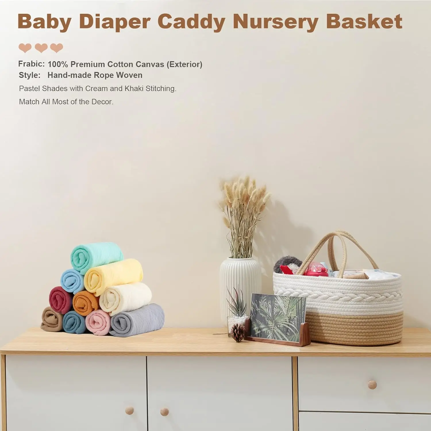 Rope Woven Nursery Storage Basket with Adjustable Divider ,Baby Diaper Caddy Organizer, Portable Car Travel Diapers Organizer