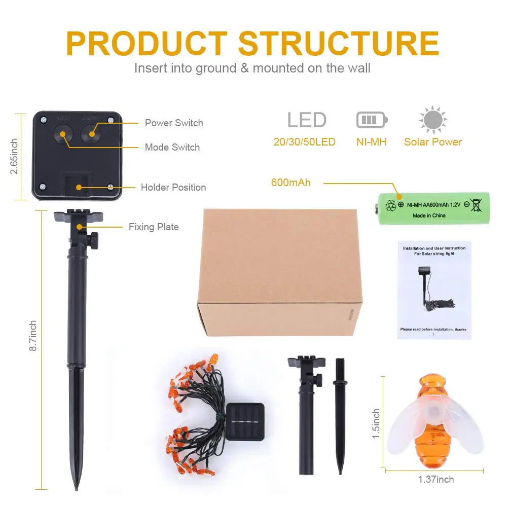 Solar String Lights Outdoor Waterproof Simulation Honey Bees Garden Xmas Decorations Solar Light Outdoor Garden