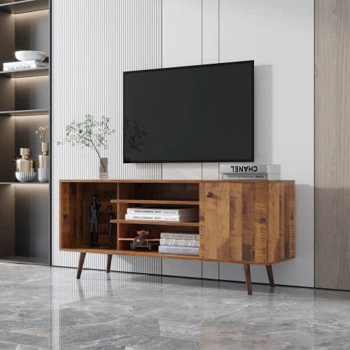 Mid-Century up to 60 Inches TV Stand Entertainment Center with Open Storage Shelves Cabinet TV Console for Living Room