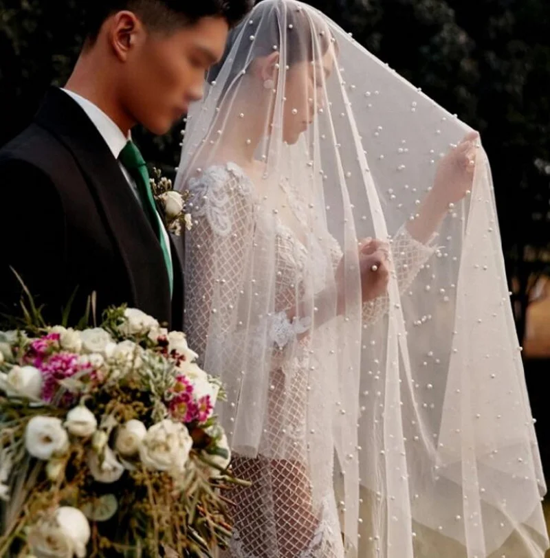 
V117#Beautiful Bride Elegant Vintage Pearl Veil Hair Ornaments Wedding Veil Travel Photography Studio Web Celebrity 