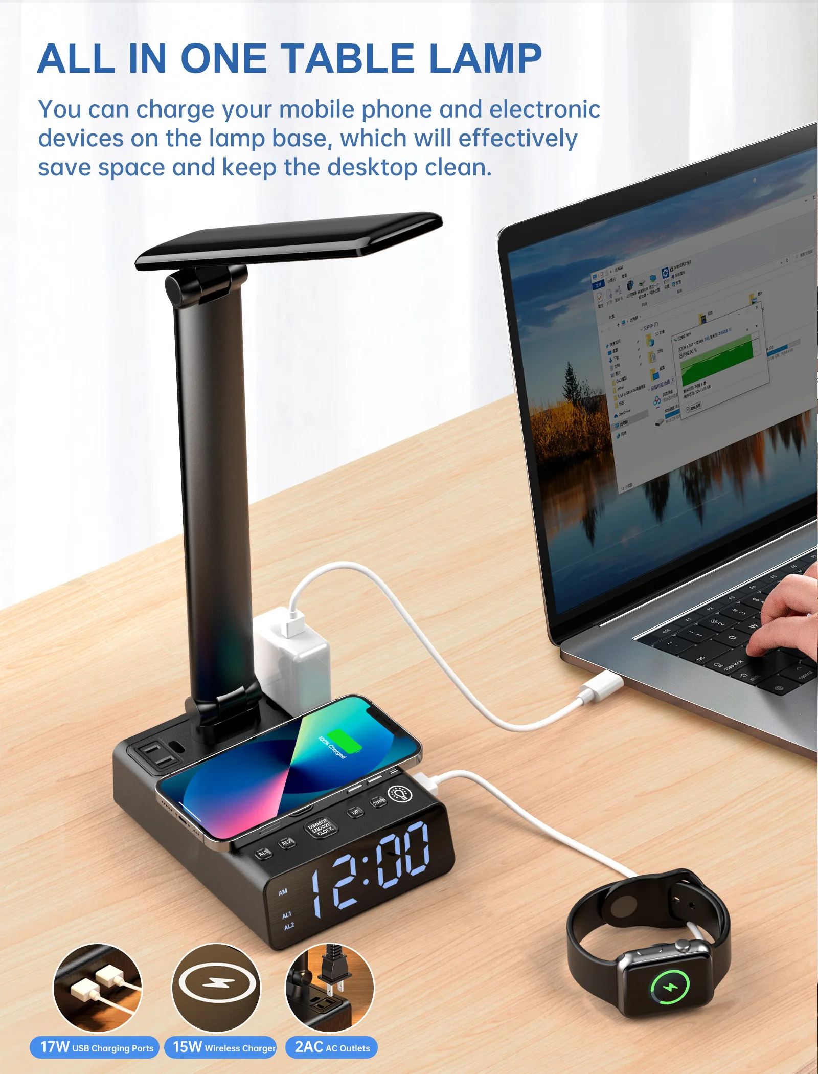 DL815 new arrival alarm clock multifunction bedside restaurant touch led table desk lamp with  phone wireless charger hub
