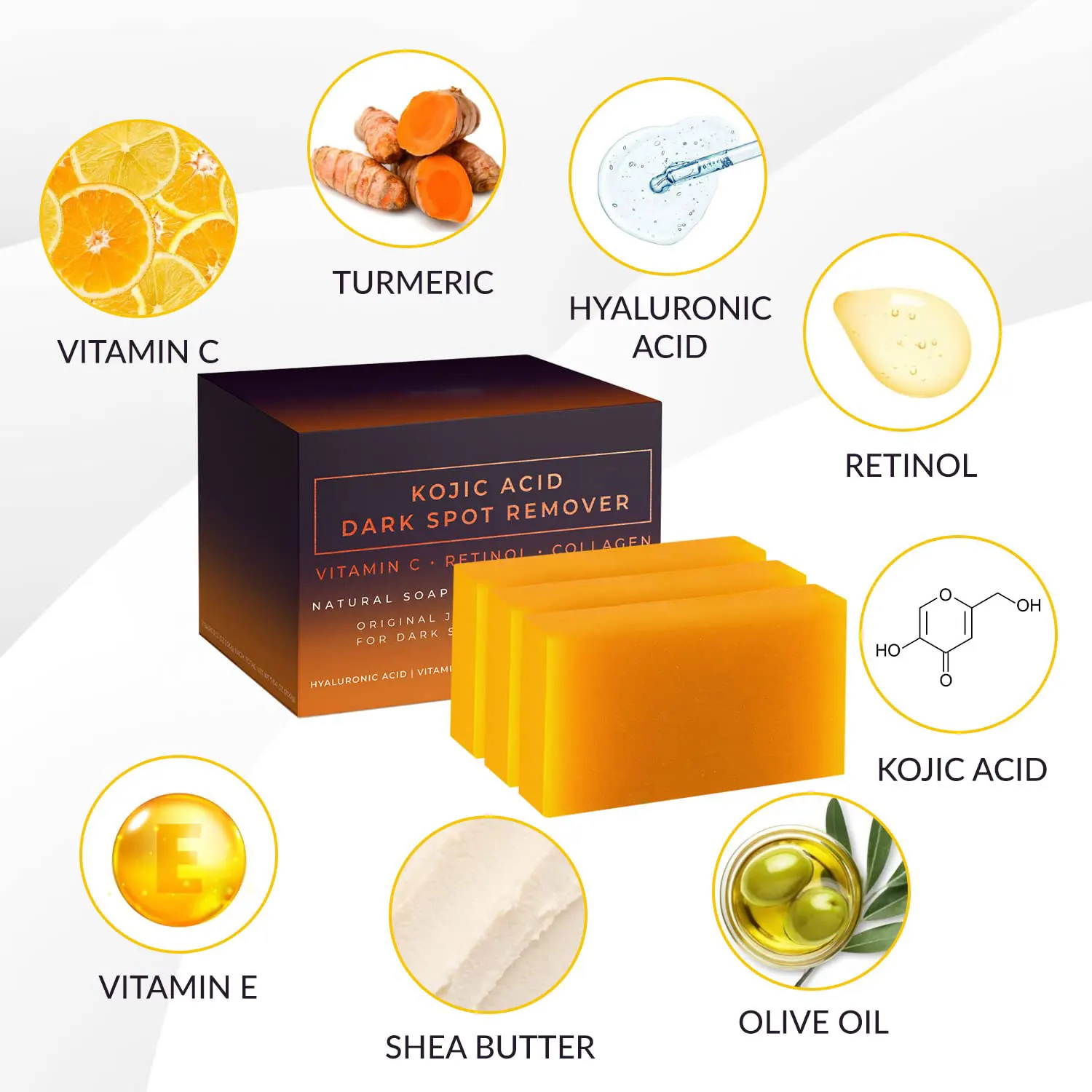 OEM Custom Lemon Turmeric Kojic Acid Body Cleansing Soap Vitamin C Retinol Collagen Blend Moisturizing Anti-Aging for Adults