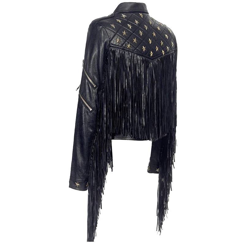 Star Studded Black Moto Turn-Down Collar Short Rivets Ladies Wholesale Punk Zipper Tassel Women Pu Jacket