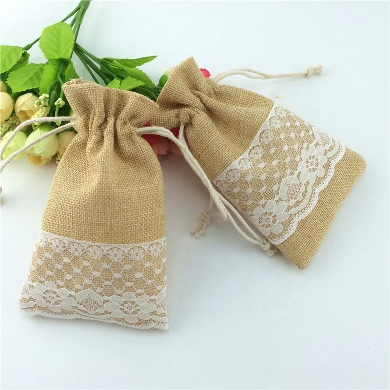 Jute pouch with lace,wedding party favor jute gift pouch,custom burlap lace drawstring bag