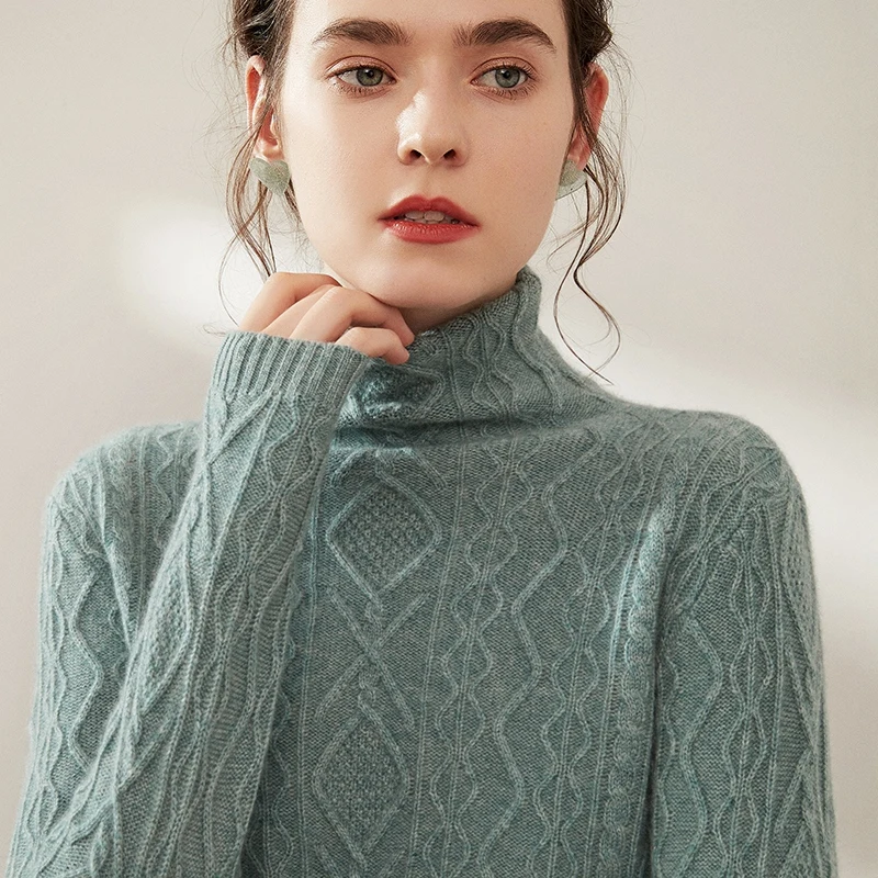 Модный зимний женский вязаный жаккардовый свитер с высоким воротником из 35% кашемира и 65% мериносовой шерсти
