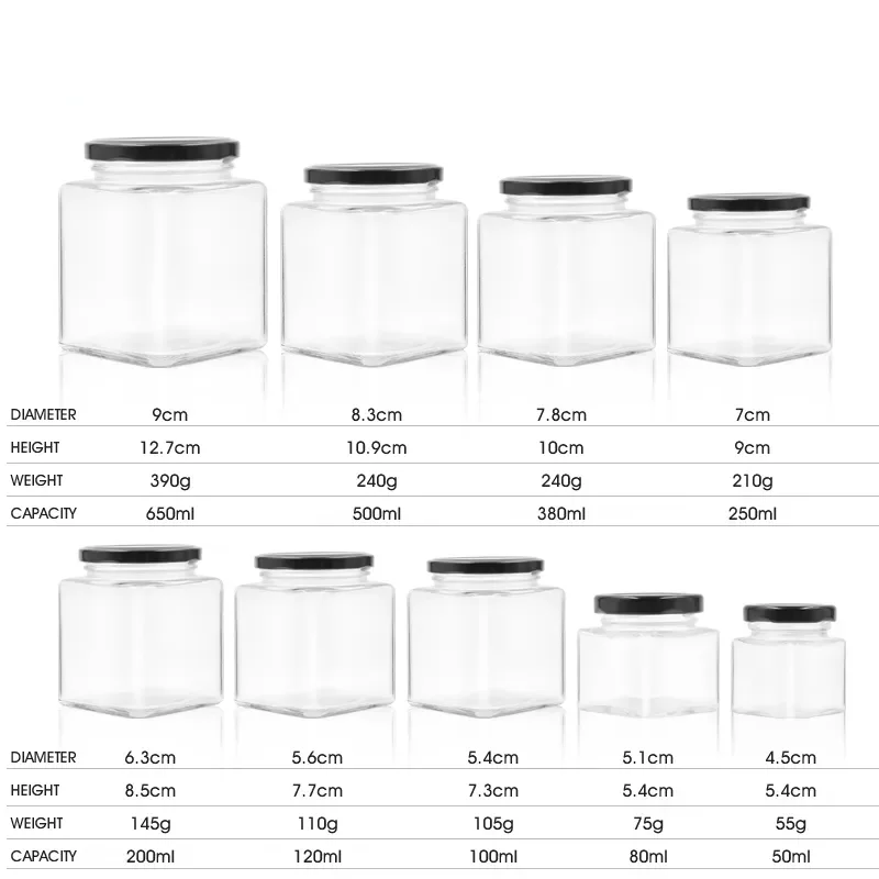food grade 50ml 80ml 100ml 150ml 200ml 280ml 380ml Food Storage Glass Bottle Square Honey Jam Glass Jars