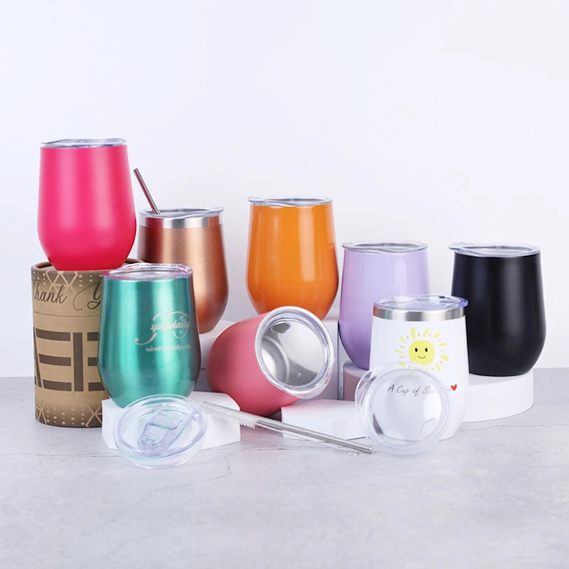 Eco friendly 2023 12oz Multiple Colour Double Wall Stainless Steel Insulated Metal Coffee Egg Wine Glass Cup Tumbler with Lids