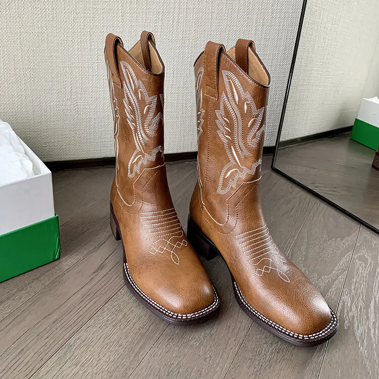 Xinzirain Custom Private Label Female Cowboy Boots Brown Calfskin Leather Women Genuine Leather Western Boot For Ladies