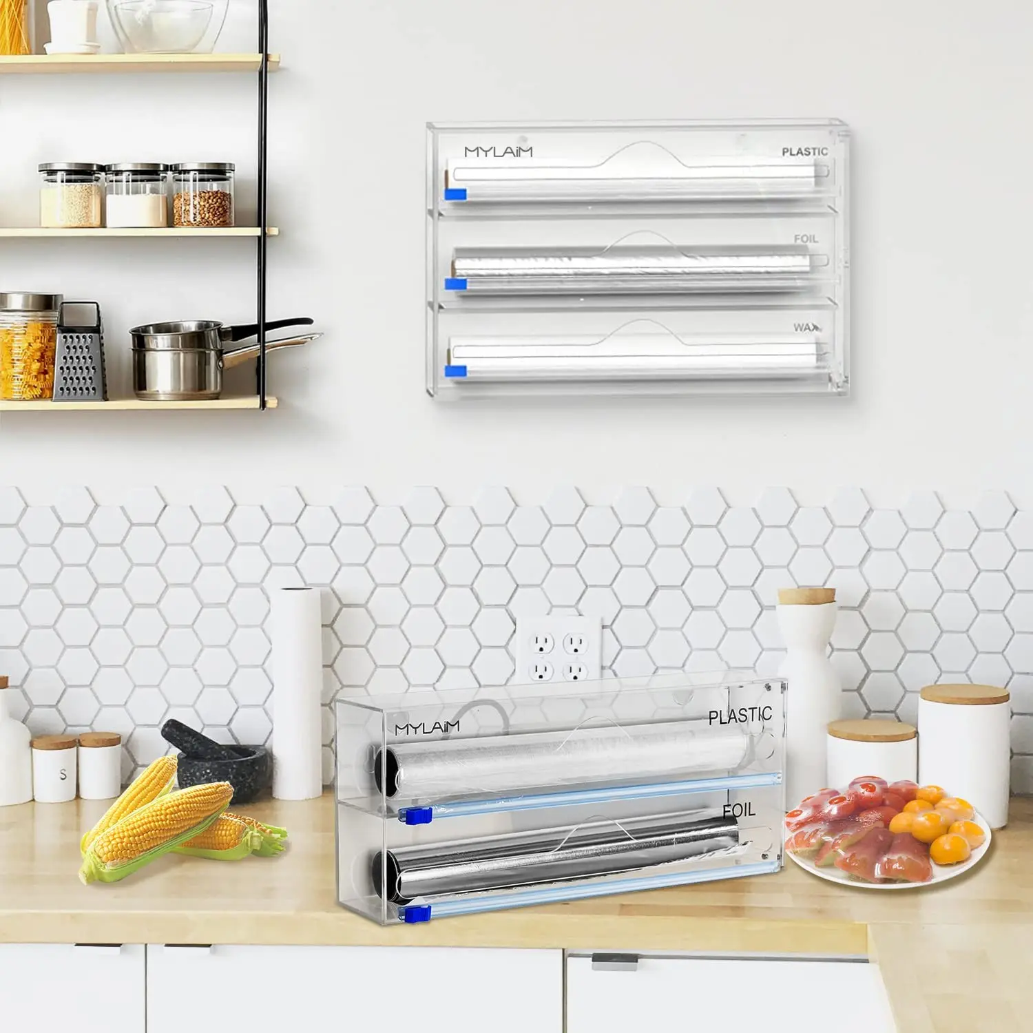 2 slot Clear Plastic Wrap Dispenser with Slide Cutter Acrylic Foil & Wrap Dispenser Storage Box