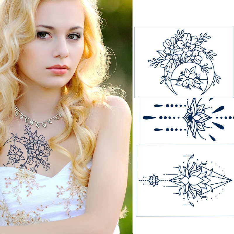 Ancient New Chinese Style Dark Blue Semi-Permanent Tattoo Sticker Waterproof Temporary Herbal Juice Ink Lasting 1-2 Weeks Paper