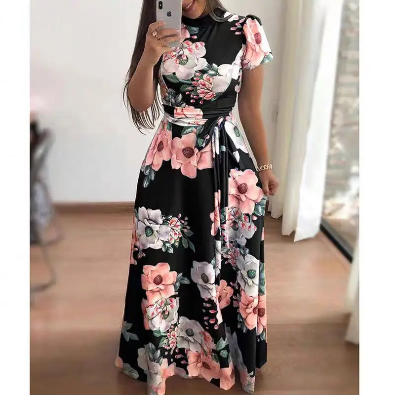 Women Summer Casual Long Dress Boho Floral Print Maxi Dress Turtleneck Bandage Elegant Dresses