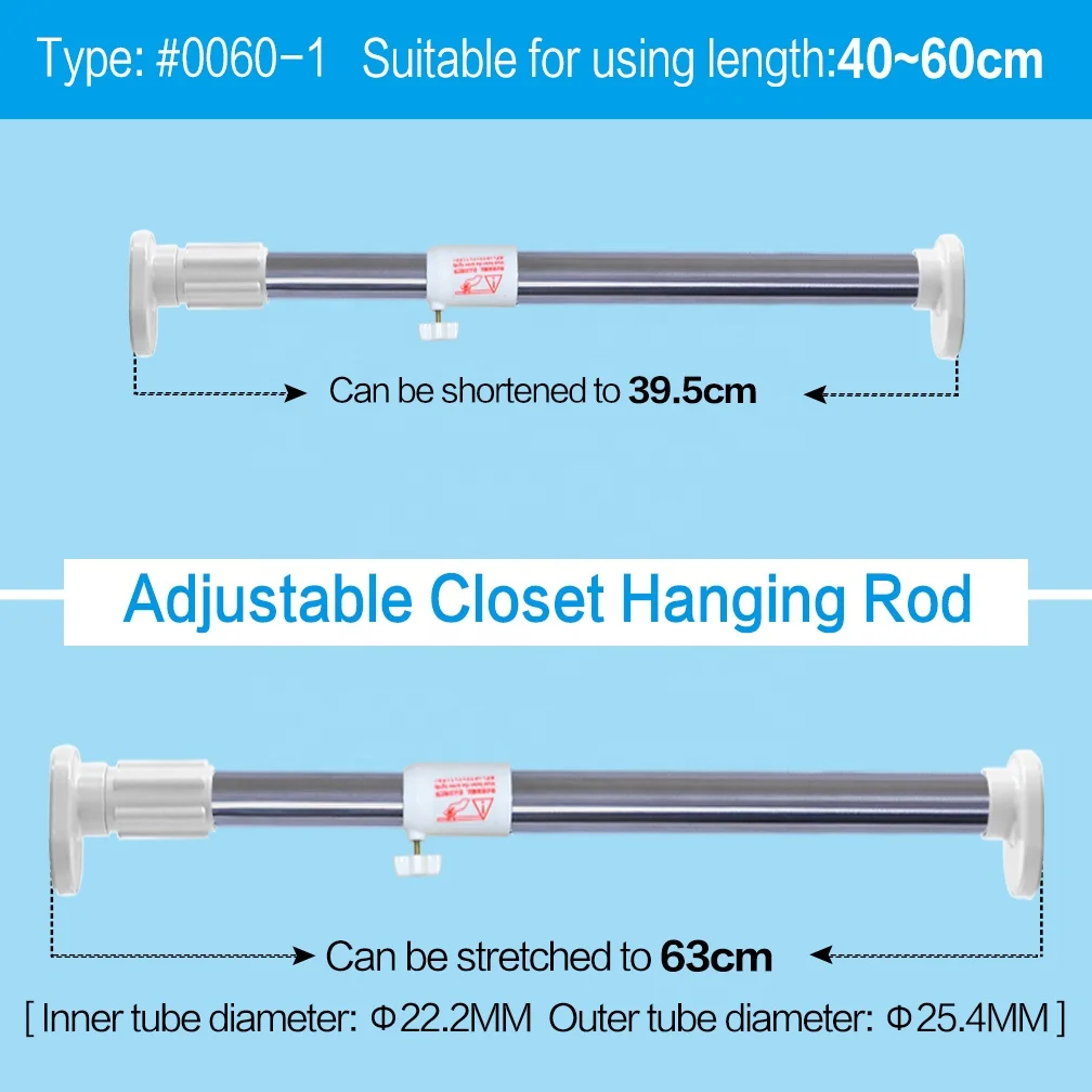
BAOYOUNI 40-60cm Diameter 25.4/22mm Metal Telescopic Closet Hanging Rod Wardrobe Retractable Adjustable Clothes Rod No Drilling 
