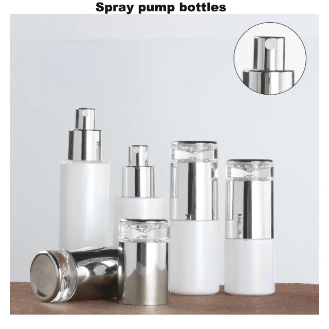 Hengjian 20ml 30ml 60ml 100ml 120ml White Cosmetic Glass Toner And Perfume Bottle With Spray Pump And Luxury Silver Cap