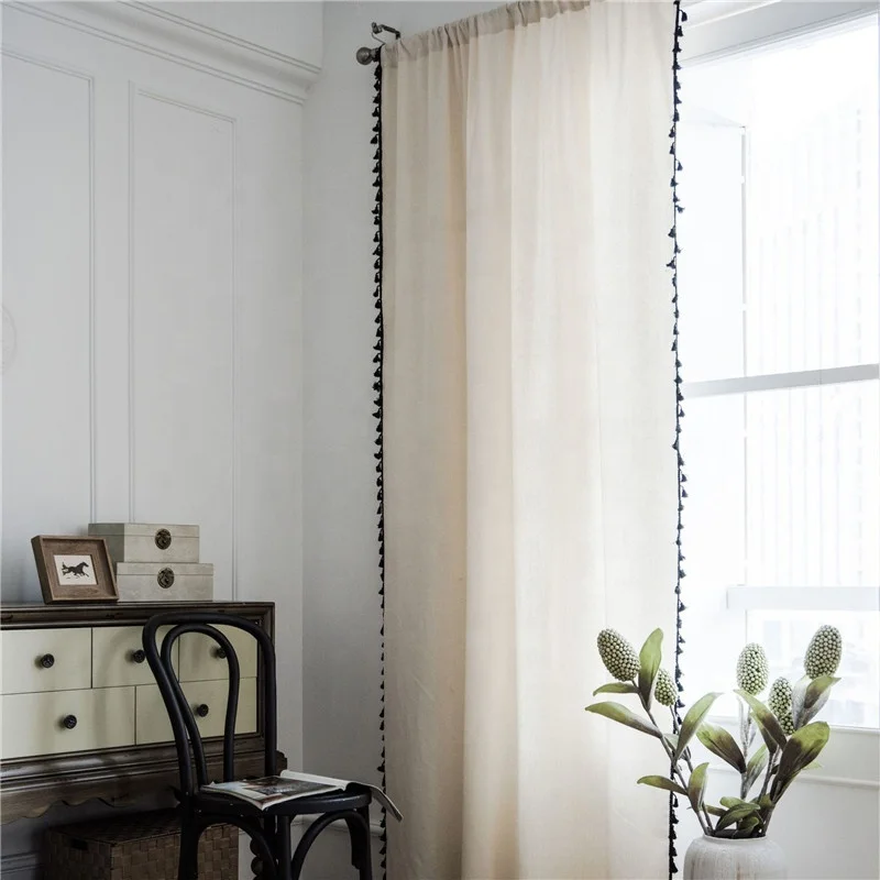 Linen Fabric for Curtains Black Tassel Structure Shading Natural Color Curtain for Home Curtain