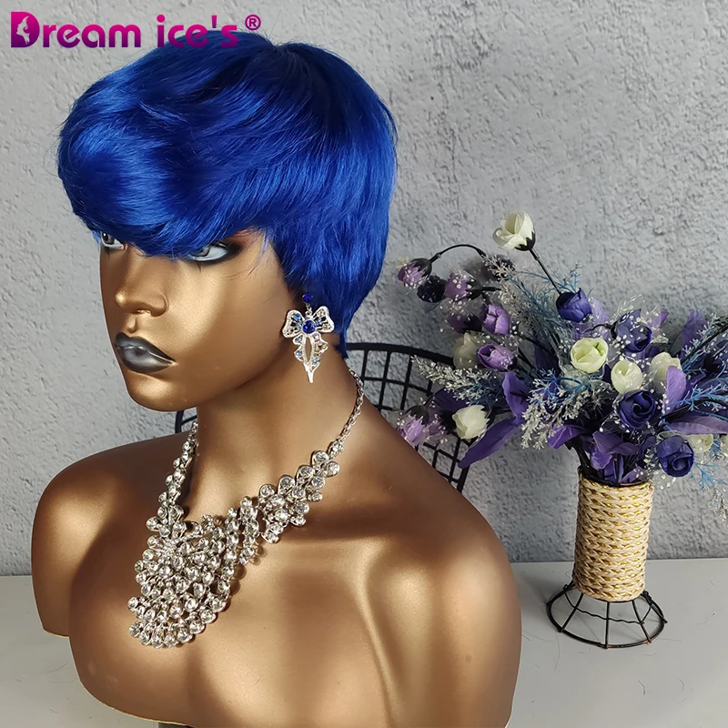 Blue 613 Honey Blonde Wig Short Wavy Bob Pixie Cut Full Machine Made Non Lace Human Hair Wigs With Bangs For Black Women Remy