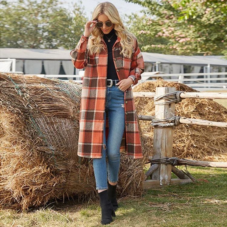D2308  Amazon Product High Quality Low Moq Fall Casual Long Sleeve Lapel Windbreaker Plaid Women Coat