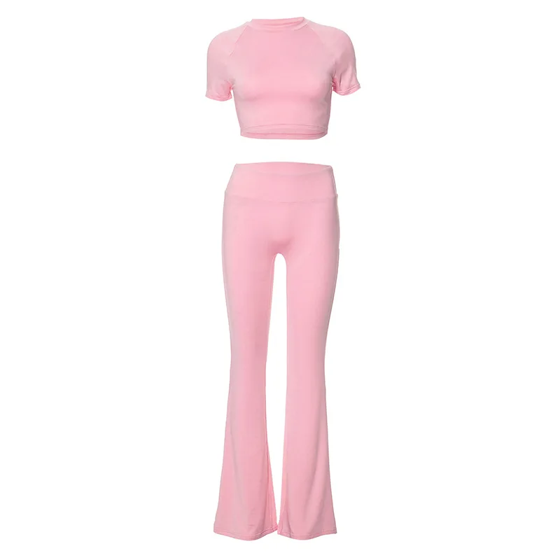 2024 Summer New Short sleeved Round Neck Short Top Elastic Waist Long Pants Casual Two Piece Set