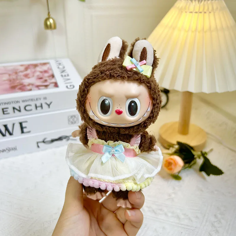 2252 17cm Pendant Blind Box Macaron Doll Colorful Ball Side Suspender Skirt Cute Dress Outfit Clothes Only Labubu