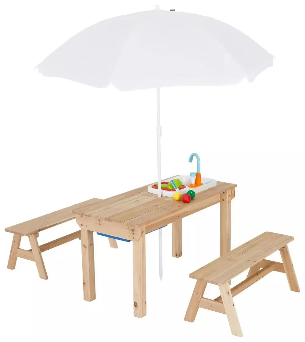 Kids 3-in-1 Outdoor Convertible Wood Activity Table Sand & Water Picnic Table with Umbrella Baby Furniture