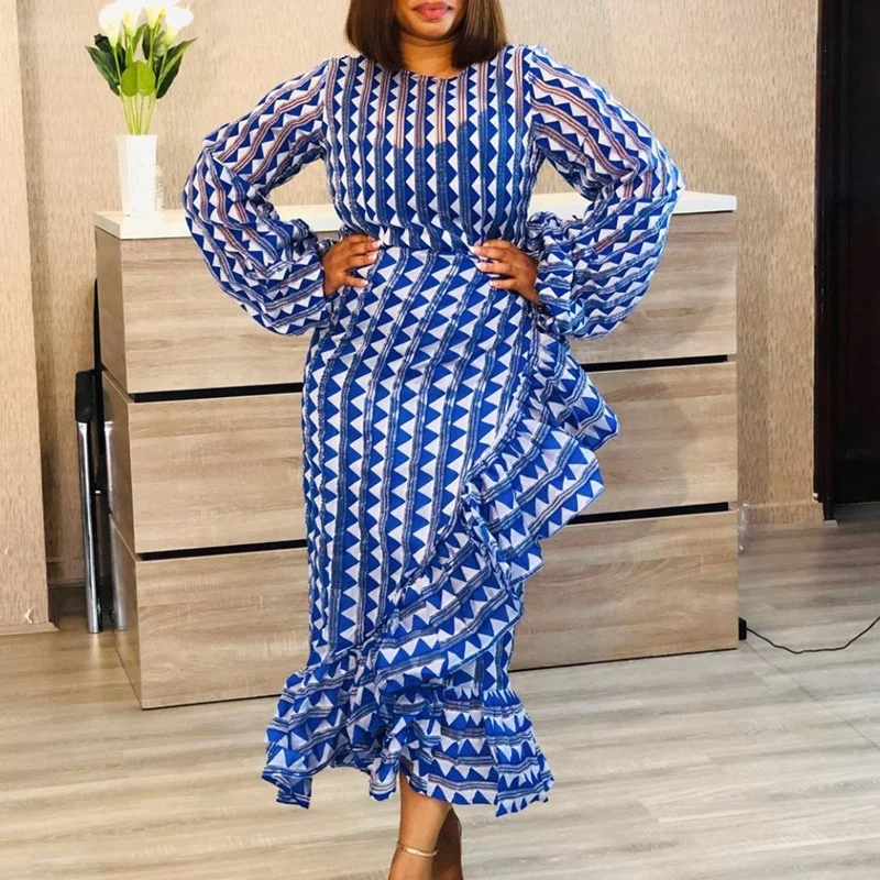 New Arrival Plus Siz wom lantern sleeve high waist irregular flounces large casual dress women