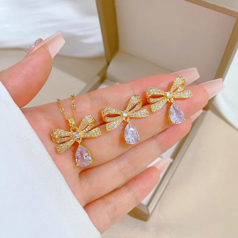 Fine Jewelry Set 18k Gold Plated Stainless Steel CZ Bowknot Pink Round Cut Zircon Pendant Necklace Earring Jewelry Gift