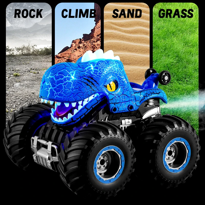 Hot selling rc stunt toys car rtr dinosaur design 4wd chassis wltoys cool lighting and sound spraying mist for birthday gifts