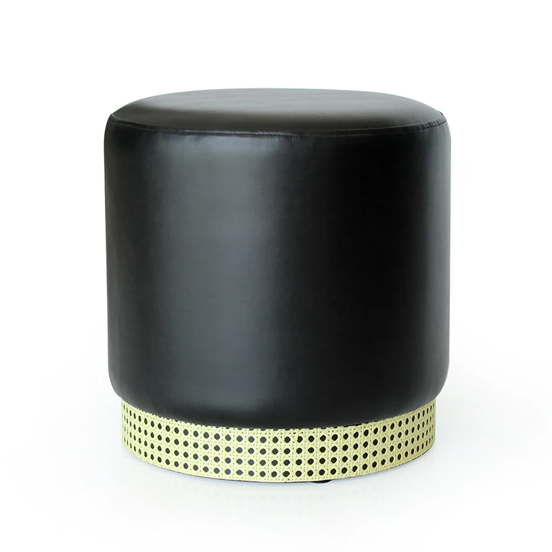 Classic black leather covered round sofa foot stool ottoman with rattan trim decor for living room