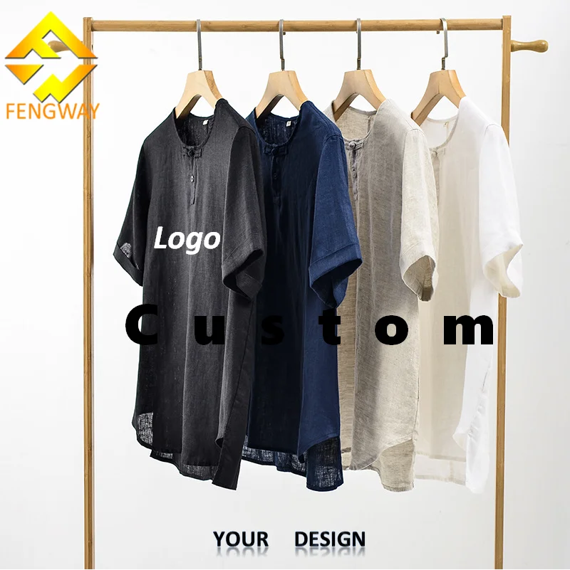 Fengway Custom Summer Breathe Thin T Shirts Retro Frog Neck Loose Tee Shirts Men Short Sleeve Linen T-Shirts