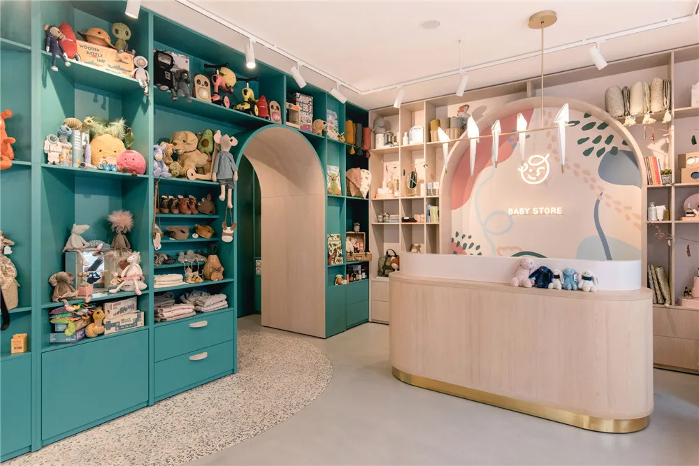 Customized Kids Shop Interior Design Baby Clothes Store Furniture Trendy Wooden Clothing Display Rack