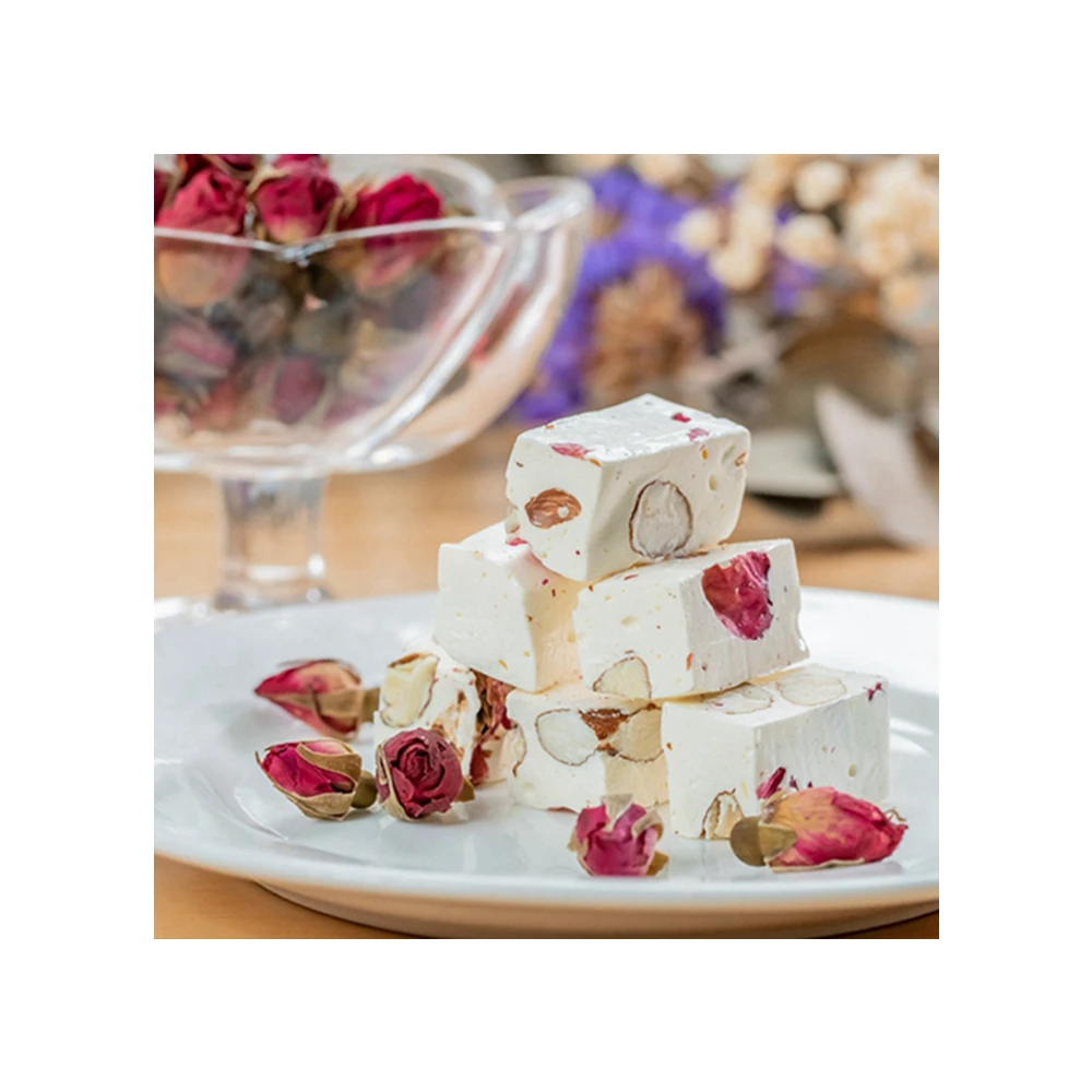 Factory Price Semi-soft Rose Flavour Gummy Candy Sweet Rose Almond Nougat