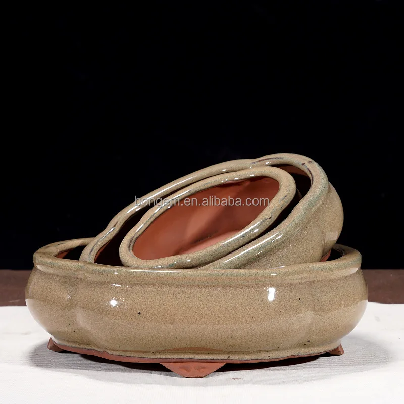 3 Pack Ceramic Bonsai Tree Planter Pot Set 6IN 8IN 10IN Cactus Succulent Planter glazed pots